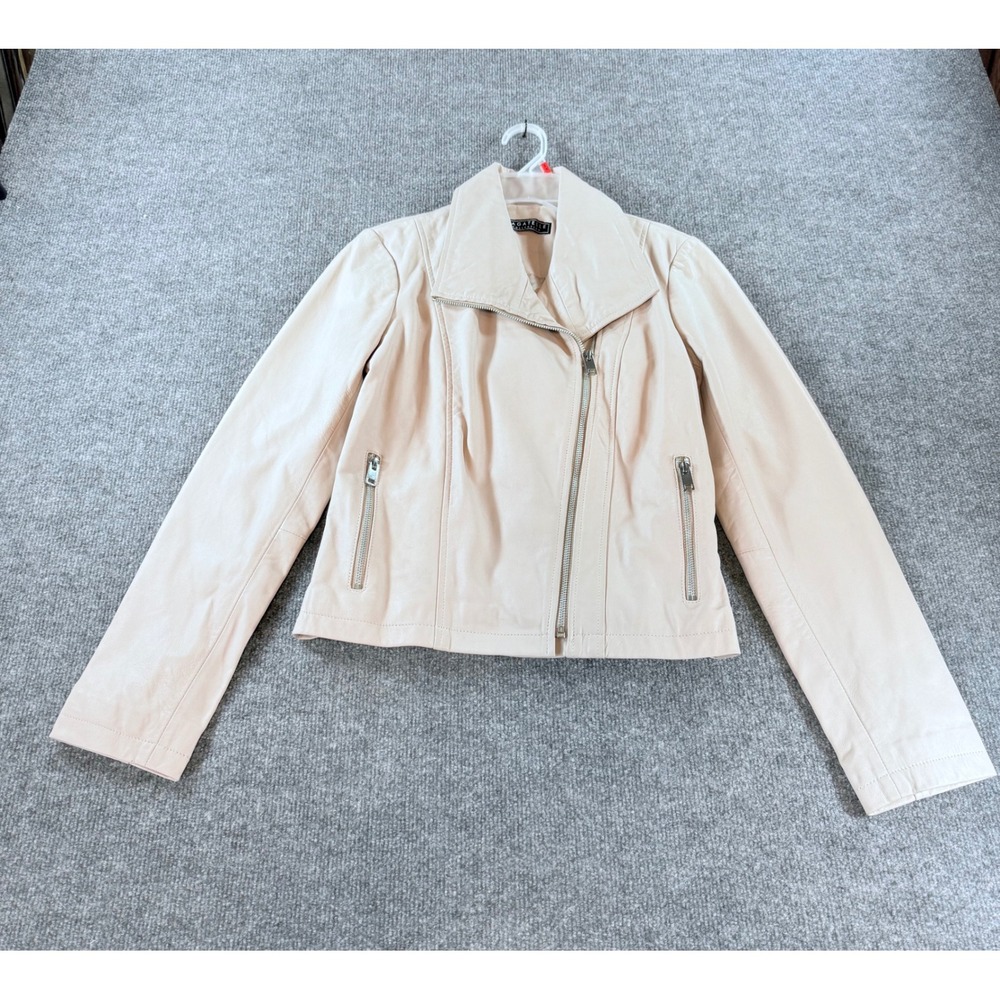 Bagatelle Collection Cream Leather Moto Jacket Peplum Back Asymmetrical Zip XS